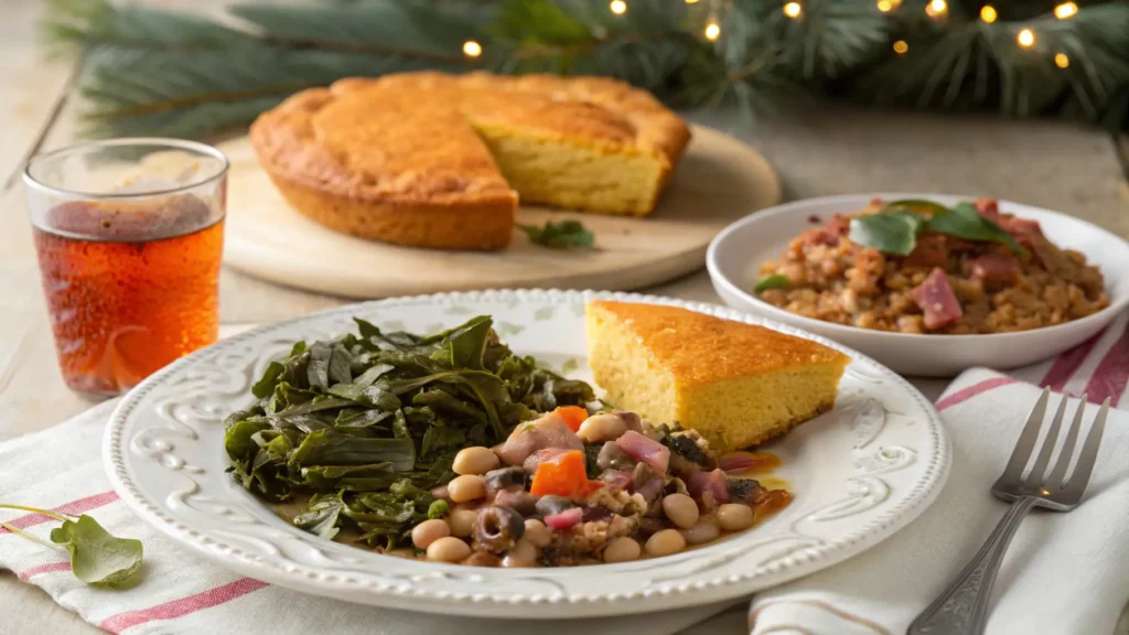 A plated Southern New Year’s meal with Hoppin’ John, collard greens, cornbread, and sweet tea, celebrating South Carolina traditions