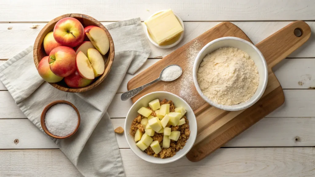 Four ingredients for apple crumble: fresh apple slices, flour, butter cubes, and sugar, displayed on a wooden countertop