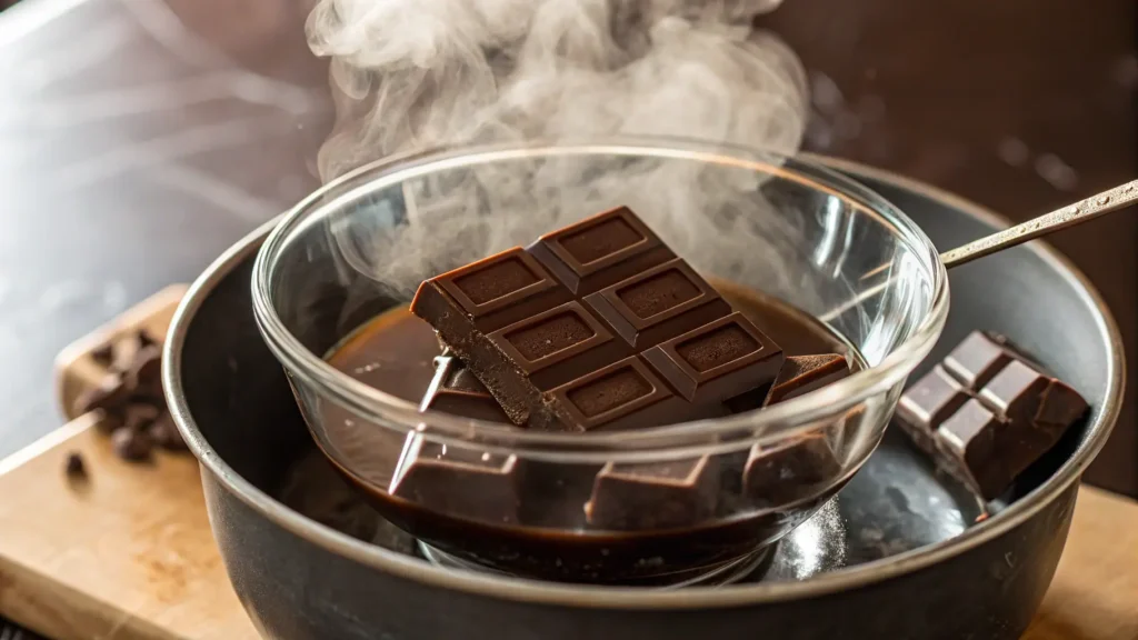 Melting dark chocolate in a glass bowl over simmering water