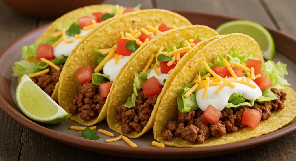 Soft corn tortillas filled with seasoned ground beef, fresh toppings, and a wedge of lime