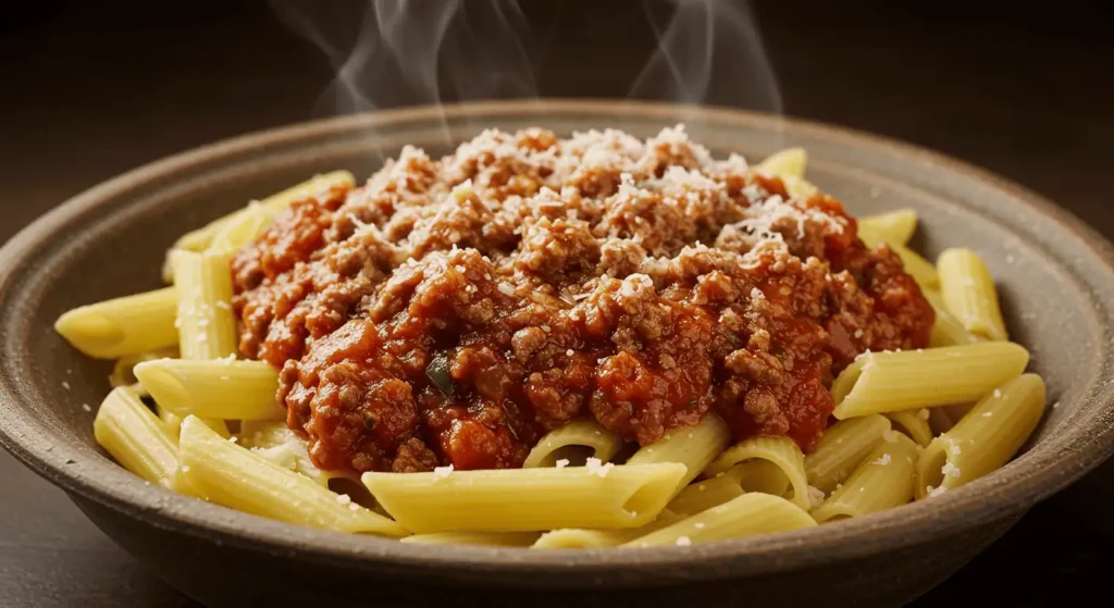 A bowl of pasta with rich Bolognese sauce, garnished with parmesan cheese