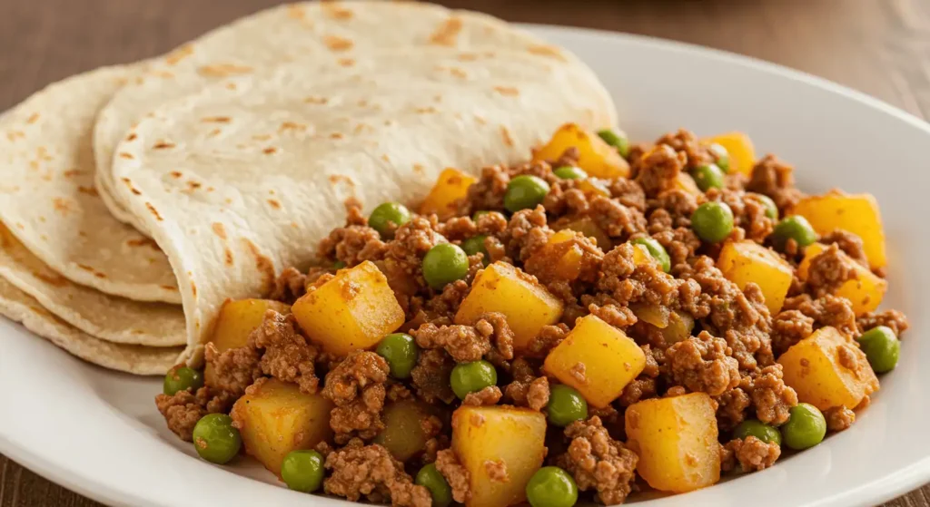 Mexican picadillo with ground beef, potatoes, and peas, served with tortillas.