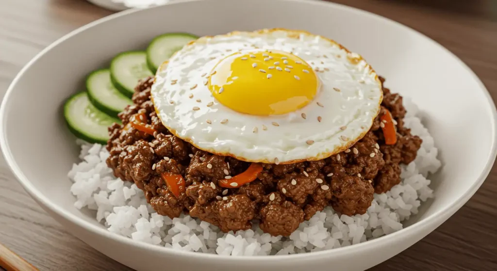 A beef bulgogi bowl with jasmine rice, cucumbers, and a fried egg, garnished with sesame seeds