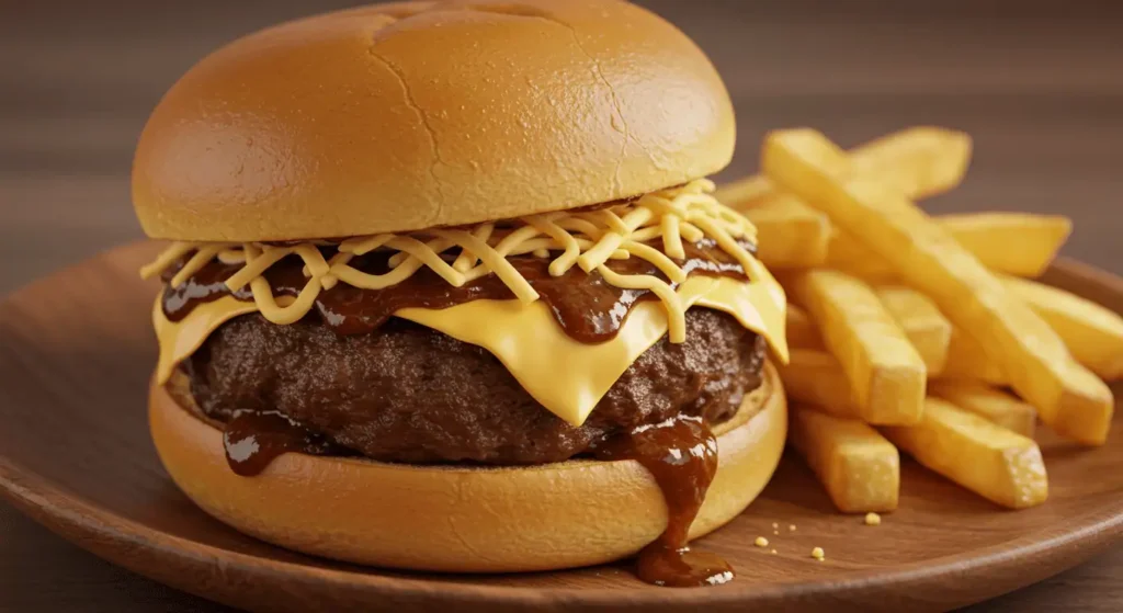 A sloppy joe sandwich with saucy ground beef, topped with cheese, and served with fries