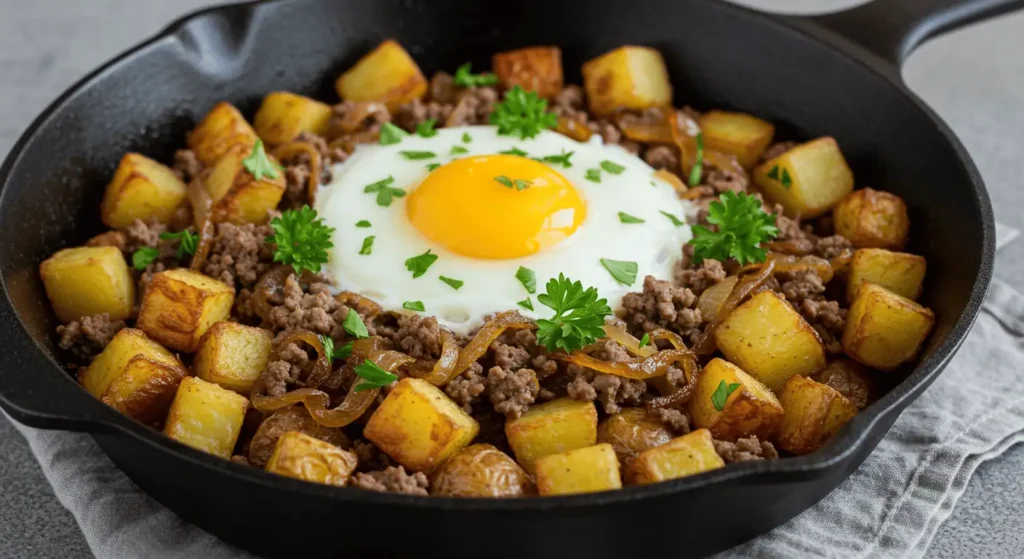 A skillet of beef and potato hash with onions and a fried egg on top