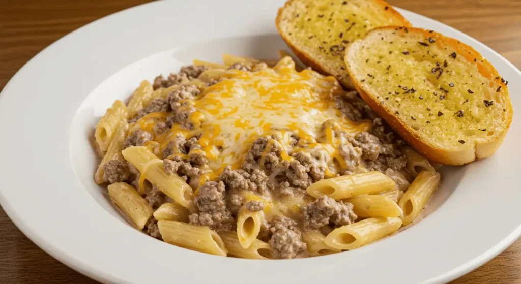 A bowl of homemade hamburger helper with a creamy beef and cheese sauce