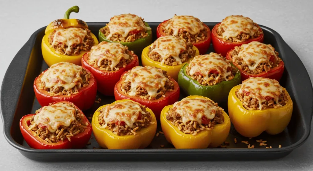 Stuffed bell peppers with ground beef, rice, and tomato sauce, topped with melted cheese