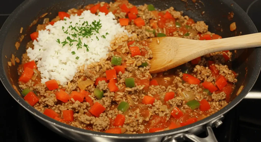 A skillet with ground beef, rice, bell peppers, and tomato sauce, garnished with parsley