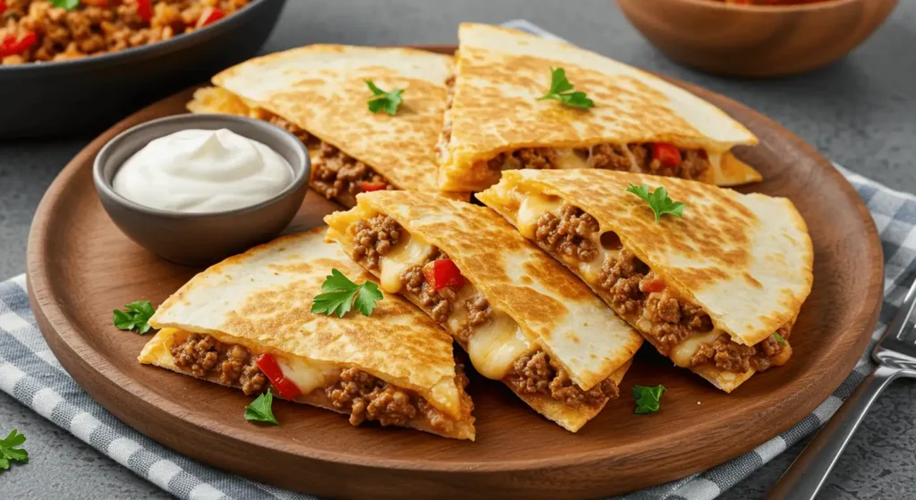 Crispy quesadillas filled with melted cheese and seasoned ground beef, served with salsa