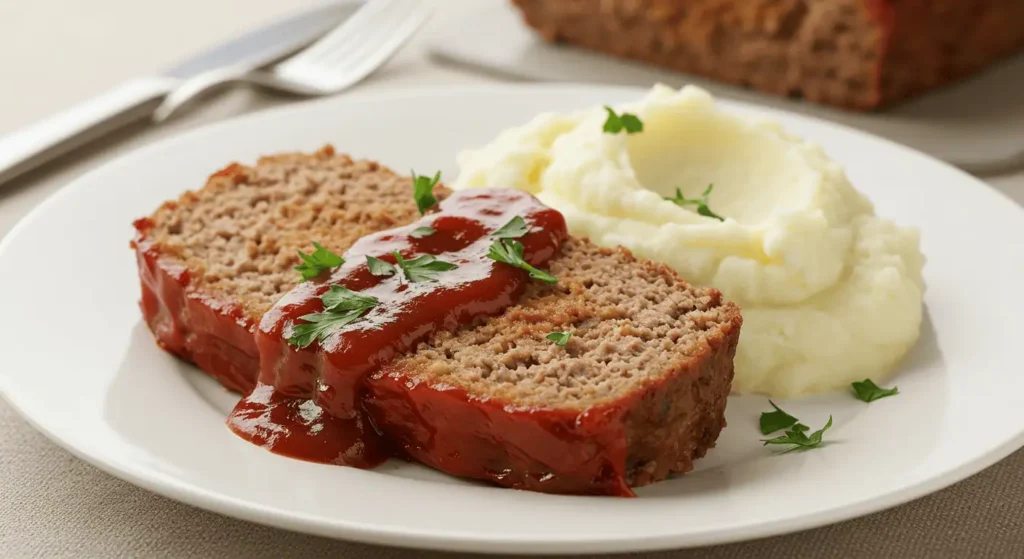 A thick slice of meatloaf with tomato glaze, garnished with parsley, and served with mashed potatoes