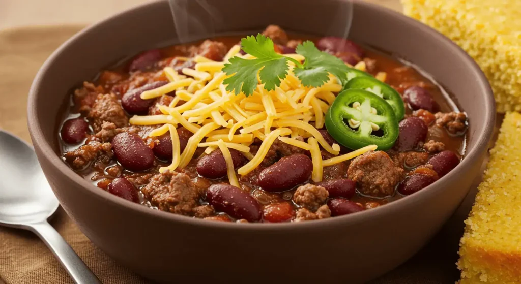 A bowl of slow-cooked beef chili topped with cheese and cilantro, served with cornbread