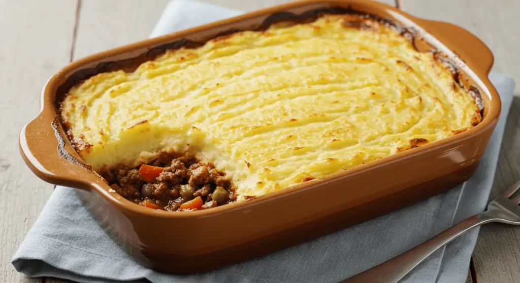 A baked shepherd’s pie with a crispy mashed potato topping in a ceramic dish