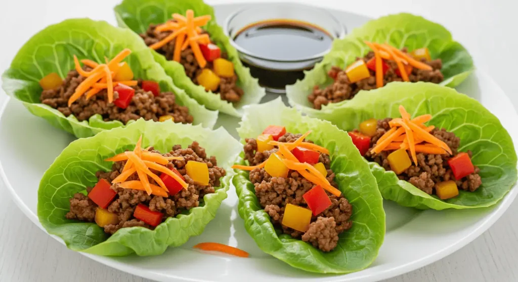 Crisp lettuce wraps filled with ground beef, bell peppers, and carrots