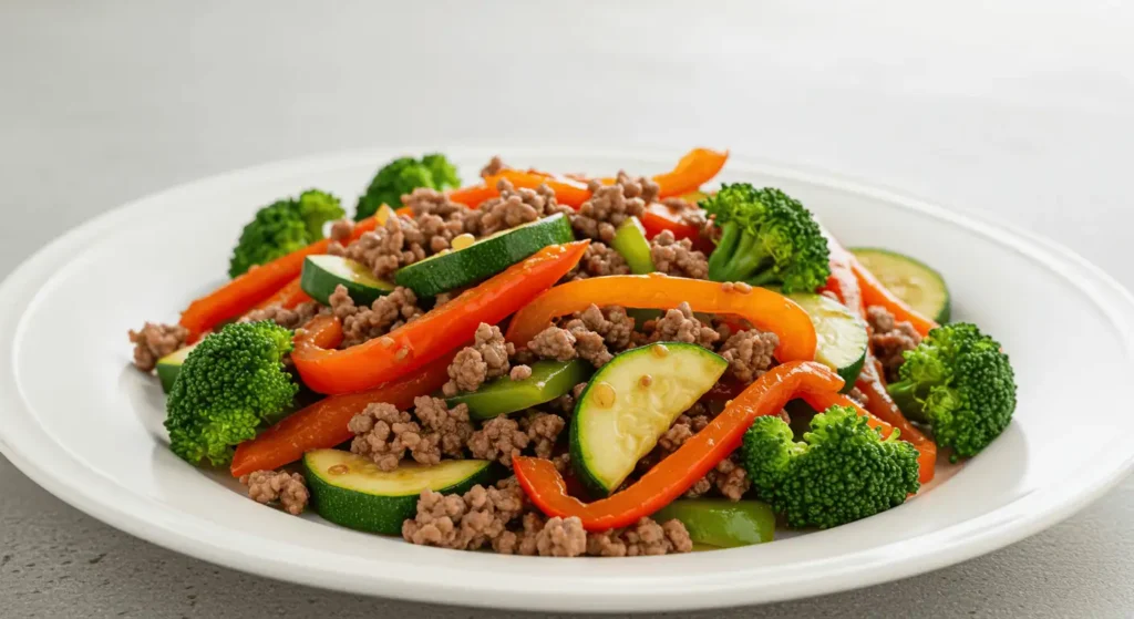 A plate of ground beef stir-fry with zucchini, bell peppers, and broccoli in a soy sauce glaze