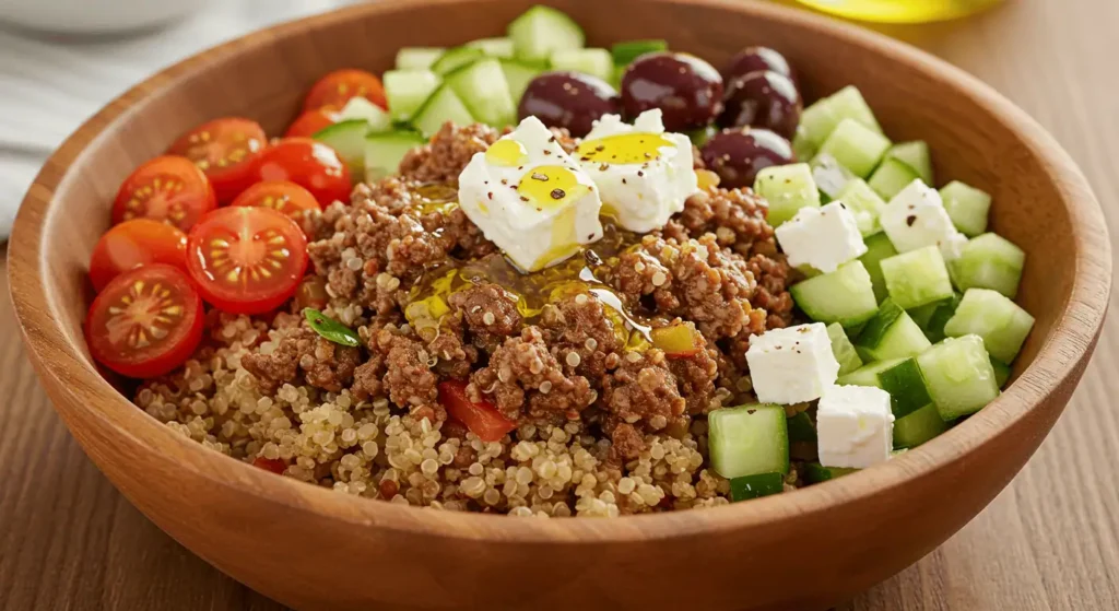 A Mediterranean beef and quinoa bowl with cherry tomatoes, cucumbers, and feta cheese.