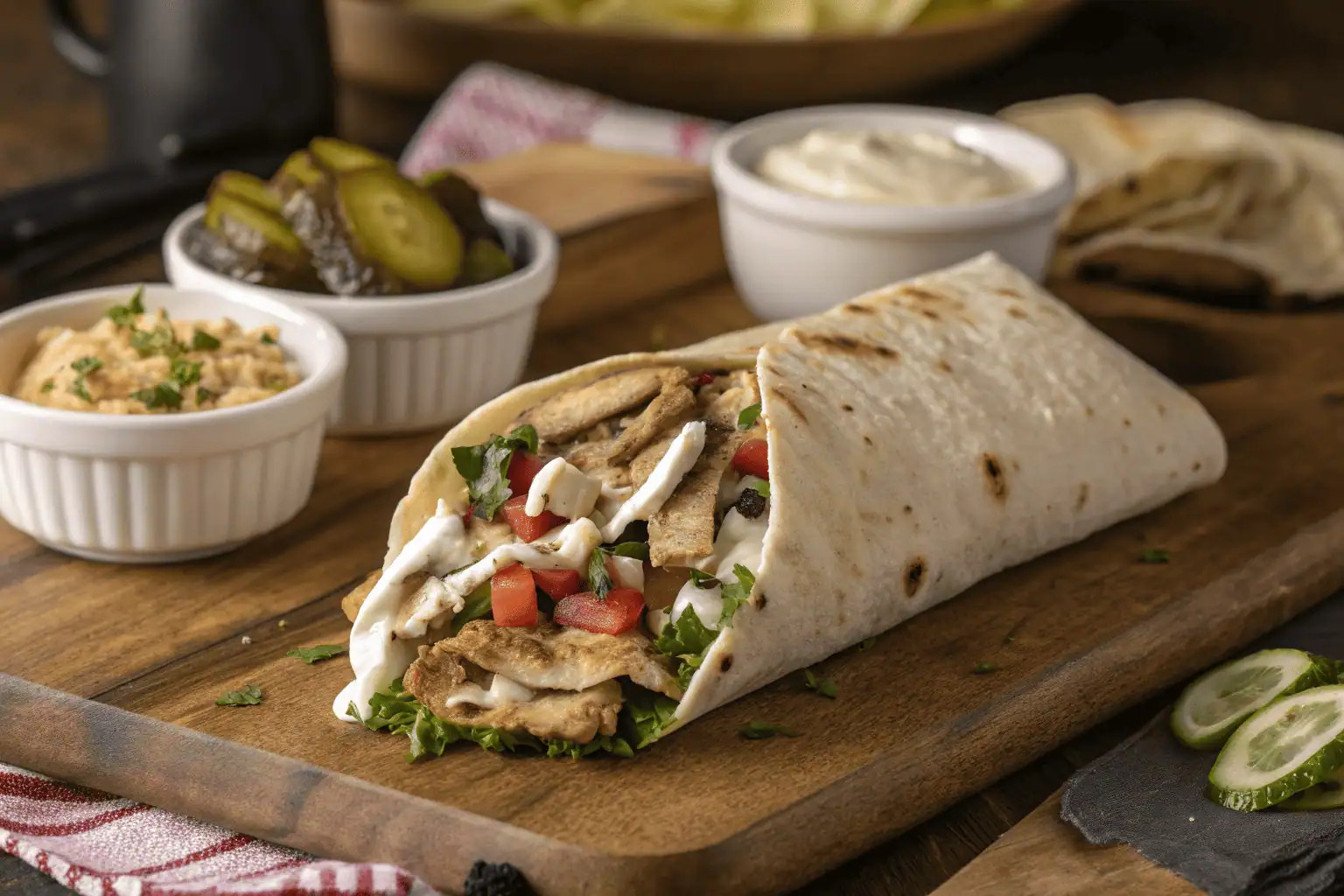 Delicious Chicken Shawarma wrap with tender marinated chicken, fresh vegetables, and garlic sauce, served with traditional side dishes