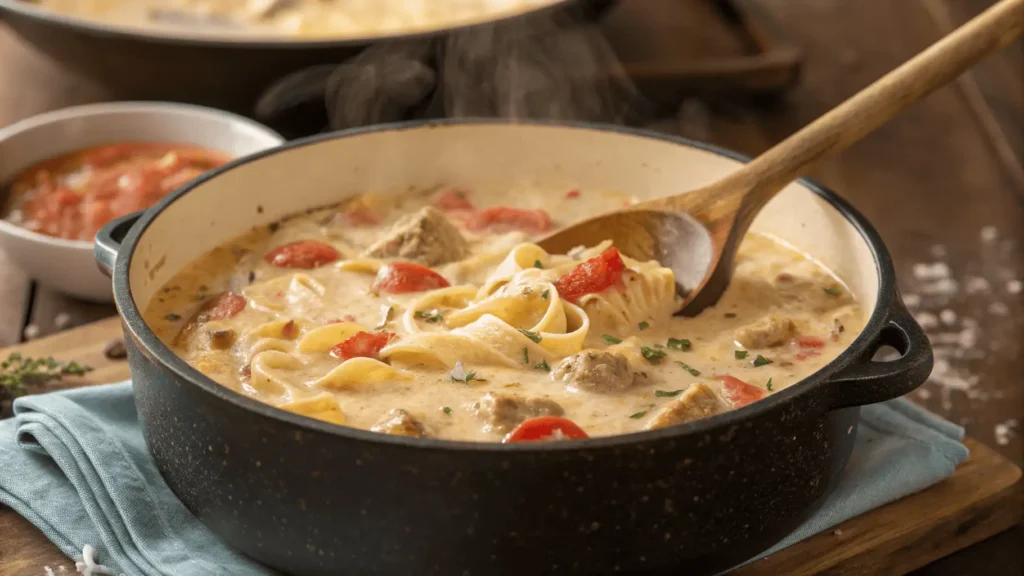 A Dutch oven with creamy Alfredo lasagna soup simmering, stirred with a wooden spoon