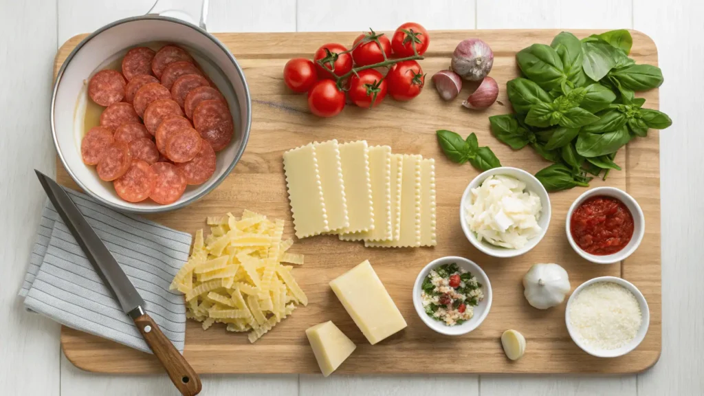 Fresh ingredients for creamy Alfredo lasagna soup, including pasta, cheese, sausage, tomatoes, and basil.