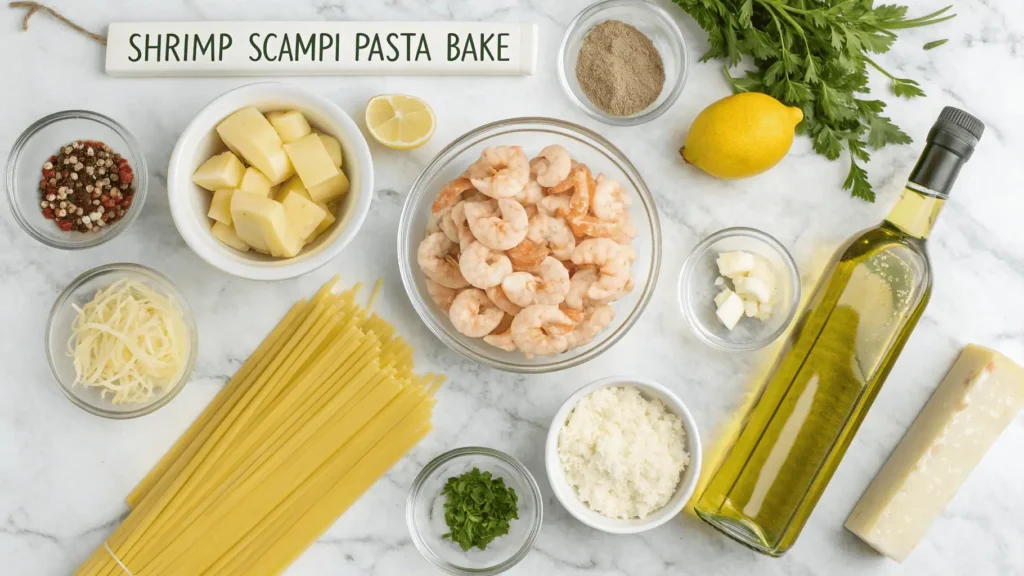 Organized ingredients for shrimp scampi pasta bake including shrimp, pasta, garlic, butter, wine, and cheeses