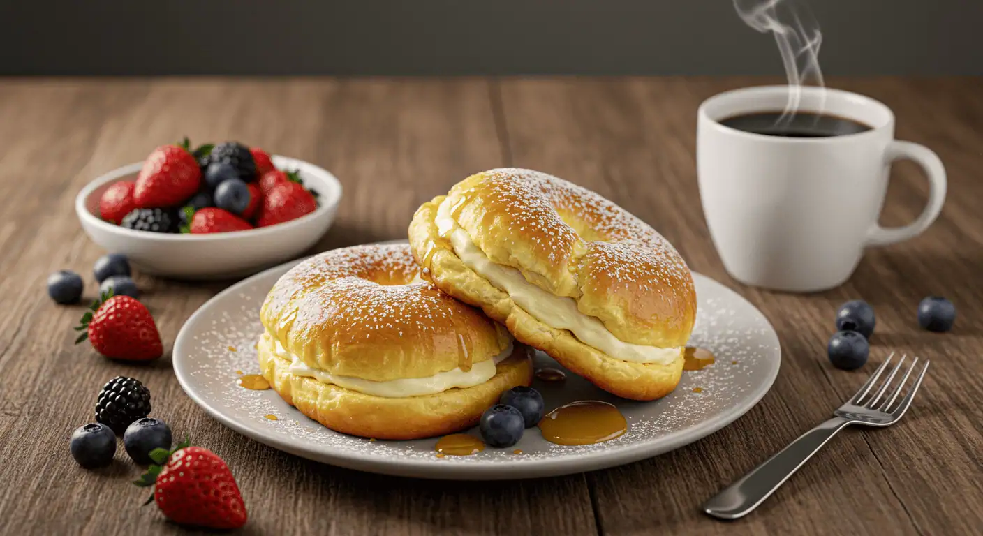 A golden-brown King Hawaiian Cheesecake Danish dusted with powdered sugar, filled with creamy cheesecake and topped with fruit preserves. The Danish is served on a rustic wooden plate with fresh berries and a cup of coffee in the background
