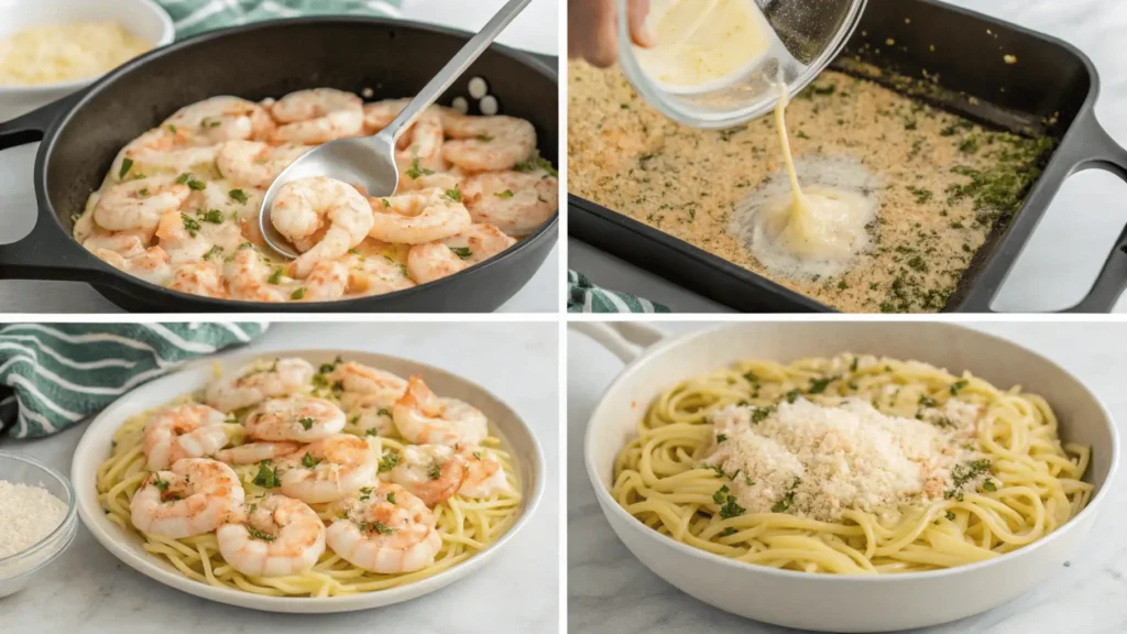 Four steps of preparing shrimp scampi pasta bake from cooking shrimp to adding breadcrumb topping