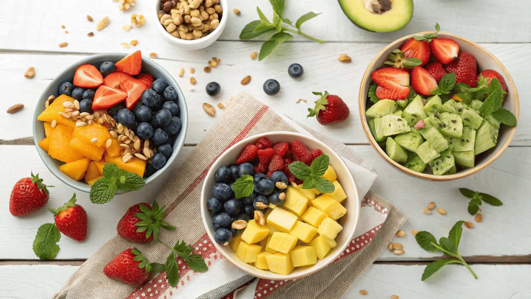 A colorful assortment of fresh fruit salads in bowls, featuring strawberries, mango, citrus, avocado, and nuts on a wooden table