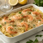 Golden bubbling shrimp scampi pasta bake in white casserole dish with visible pink shrimp and crispy breadcrumb topping