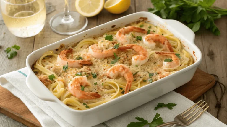 Golden bubbling shrimp scampi pasta bake in white casserole dish with visible pink shrimp and crispy breadcrumb topping