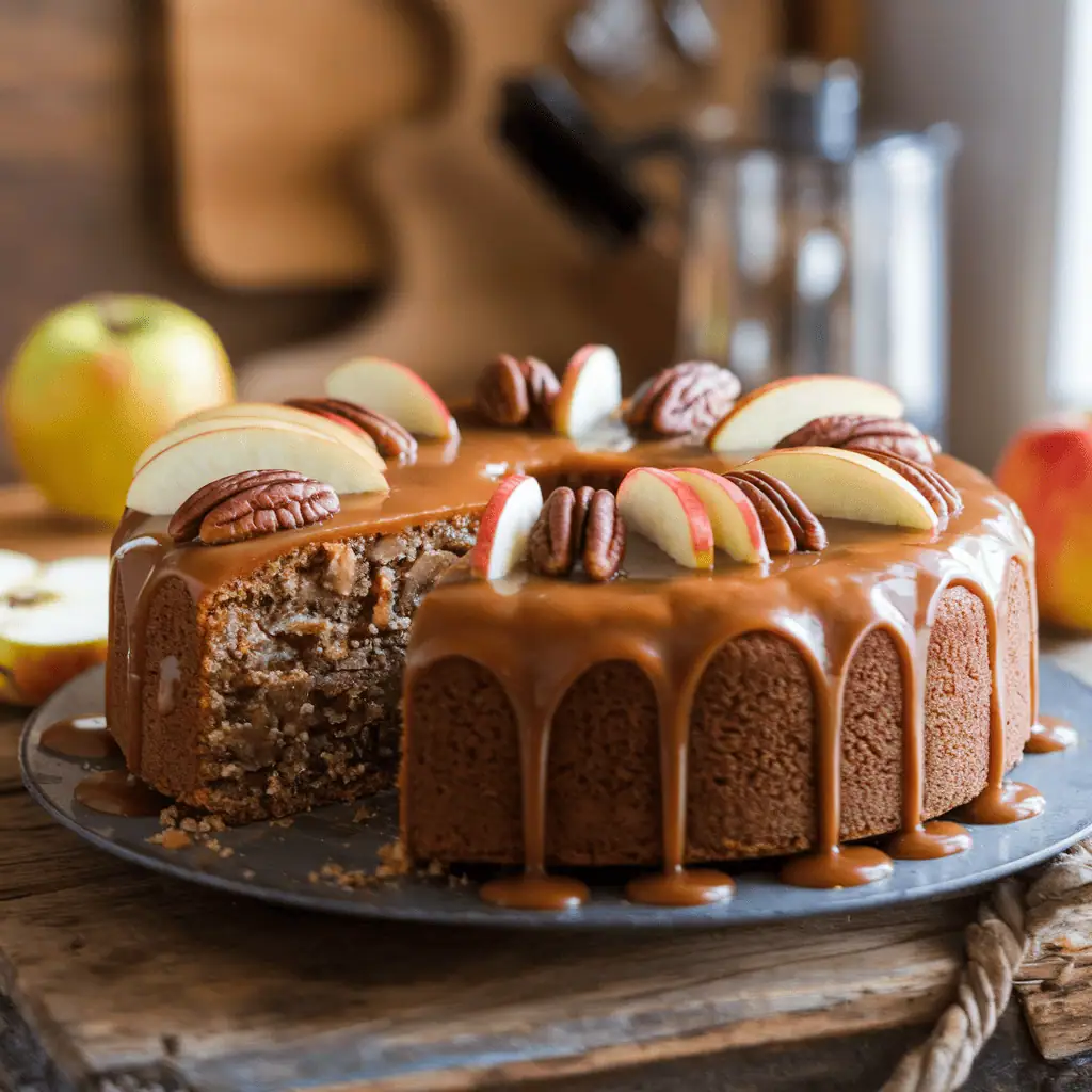Apple Pecan Cake with Caramel Glaze on a rustic table with pecans and apples