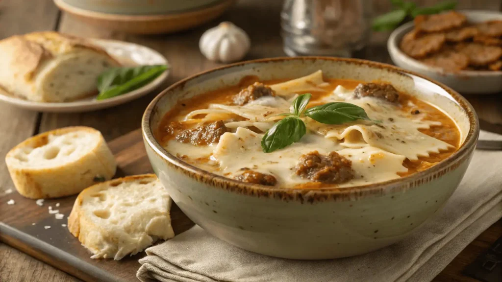 A bowl of creamy Alfredo lasagna soup topped with mozzarella and basil, served with garlic bread