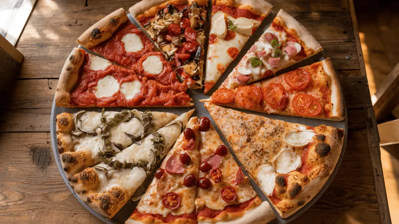 A colorful assortment of pizza styles arranged on a rustic table, showcasing different crusts and toppings