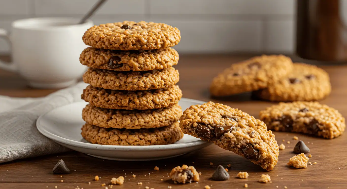 Stack of freshly baked Rice Krispie Chocolate Chip Cookies on a plate in a cozy kitchen setting