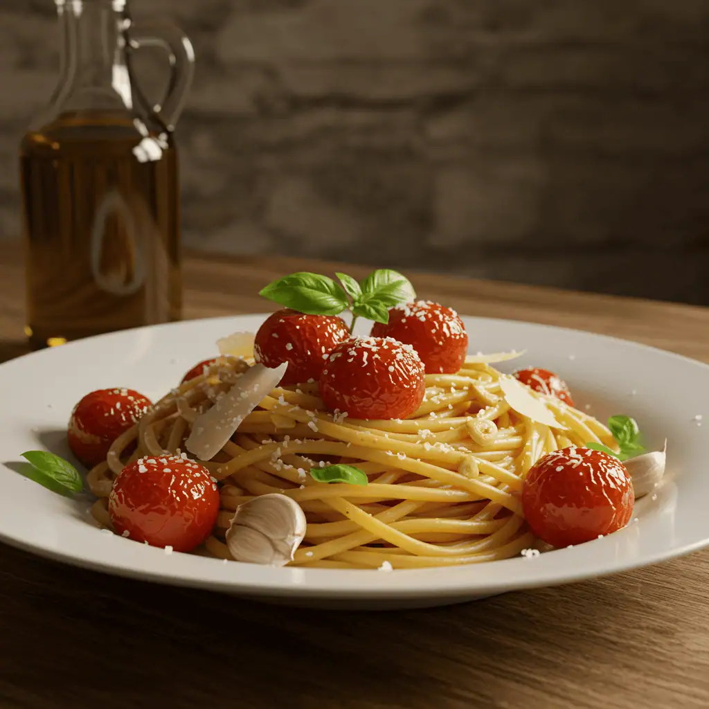 Spaghetti with roasted cherry tomatoes, garlic, basil, and grated Parmesan cheese