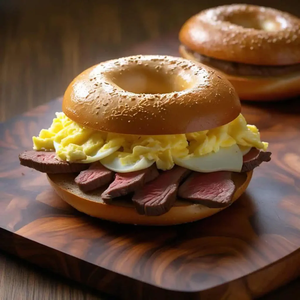 Steak Egg and Cheese Bagel 3 Assembling a steak egg and cheese bagel with layers of steak, eggs, and cheese on a toasted bagel.