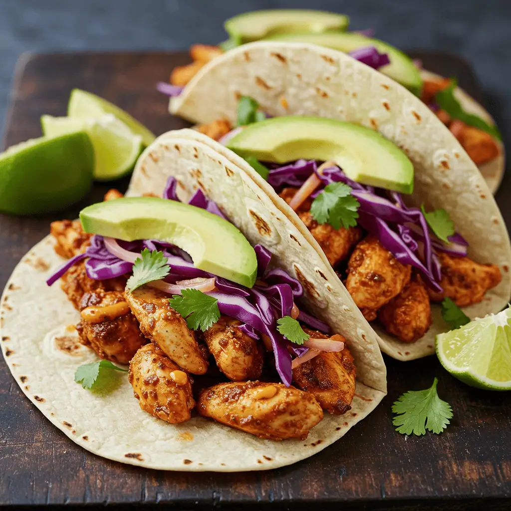 Spiced halal chicken tacos with cabbage slaw, avocado, and fresh cilantro