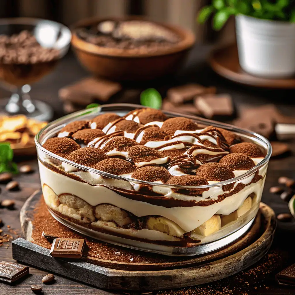 "Layered Baileys Tiramisu dessert in a glass dish topped with cocoa powder and chocolate shavings