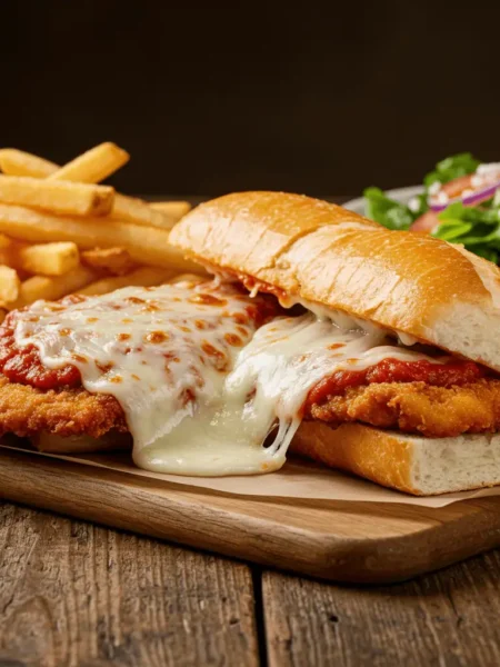 Delicious homemade chicken parmigiana sandwich with crispy fries and salad