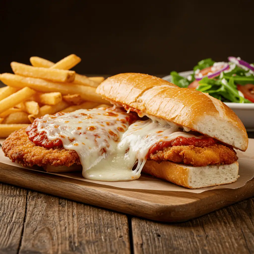 Chicken Parmigiana Sandwich 10 Delicious homemade chicken parmigiana sandwich with crispy fries and salad