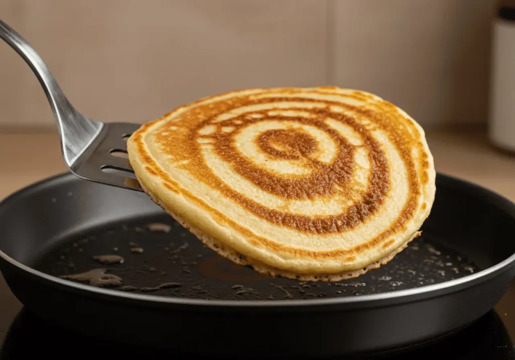 Cinnamon Roll Pancake Recipe 4 Cinnamon swirl pancake being flipped on griddle.