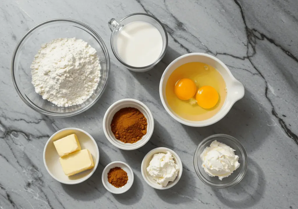 Cinnamon Roll Pancake Recipe 2 Ingredients for cinnamon roll pancakes neatly laid out.