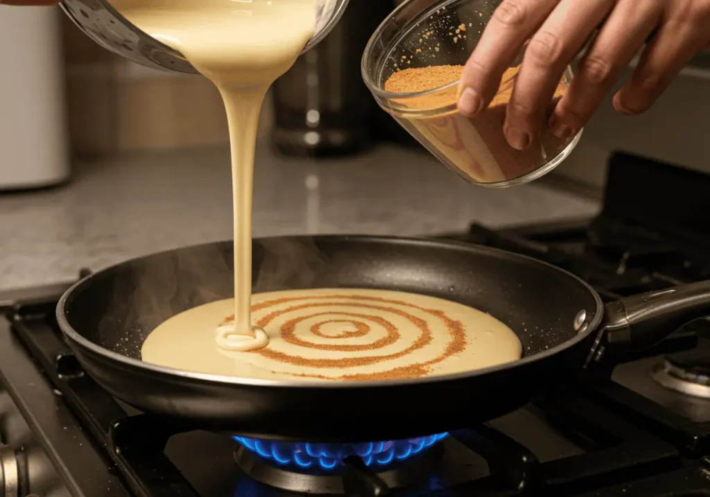 Cinnamon Roll Pancake Recipe 3 Pouring and swirling cinnamon pancake in skillet.