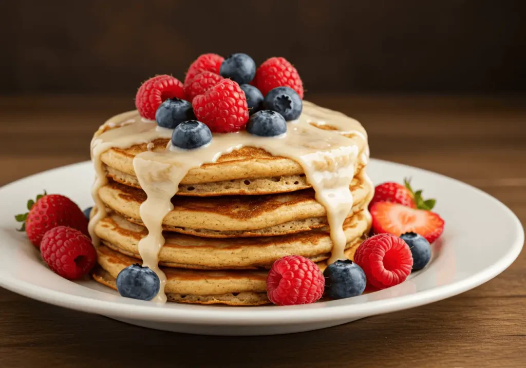 Cinnamon Roll Pancake Recipe 10 Cinnamon roll pancakes served with berries and glaze.