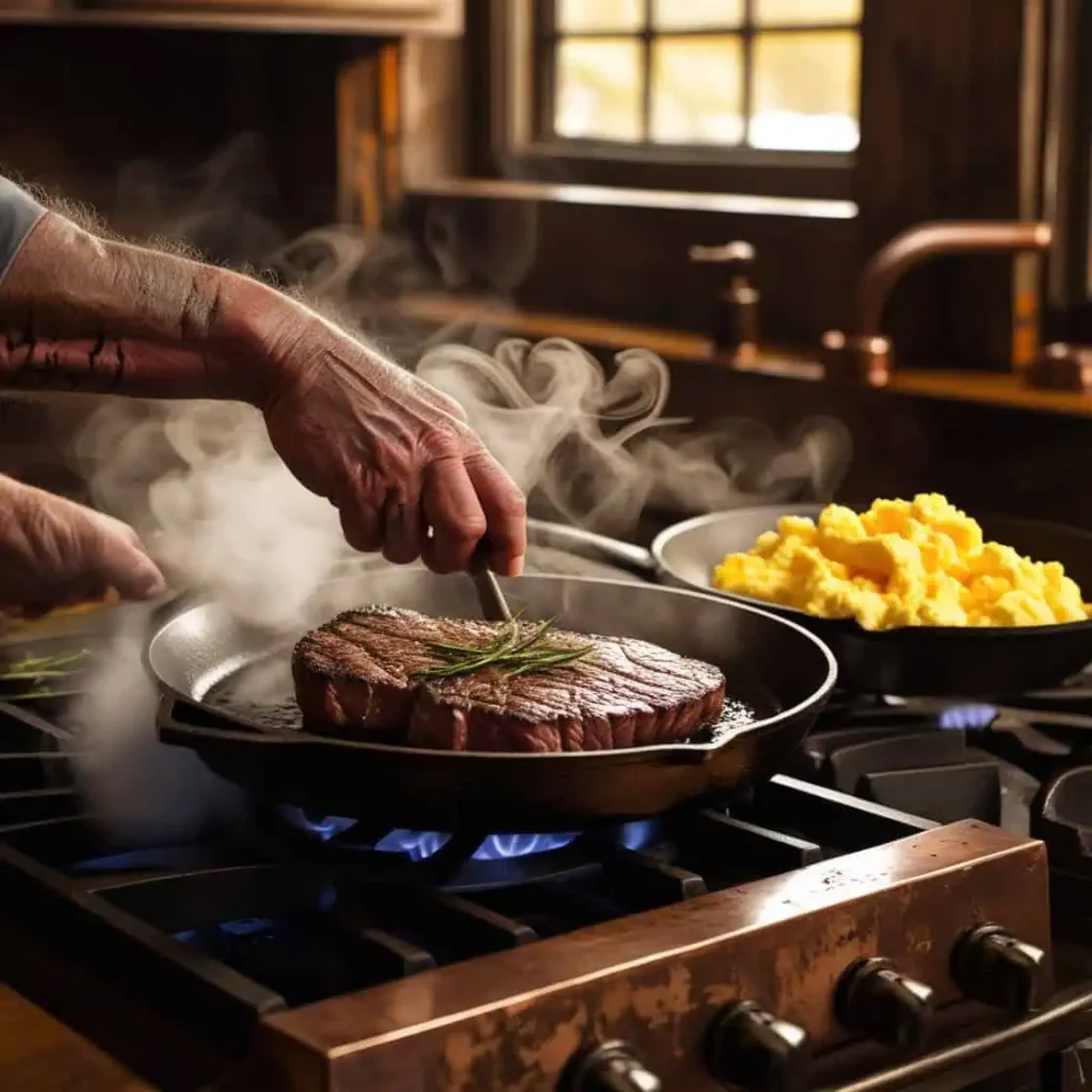 Steak Egg and Cheese Bagel 4 Cooking steak and scrambling eggs in a skillet for a steak egg and cheese bagel in a rustic kitchen.