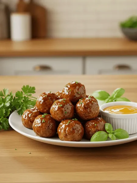 Costco Chicken Meatballs served with fresh herbs and dipping sauce on a kitchen counter