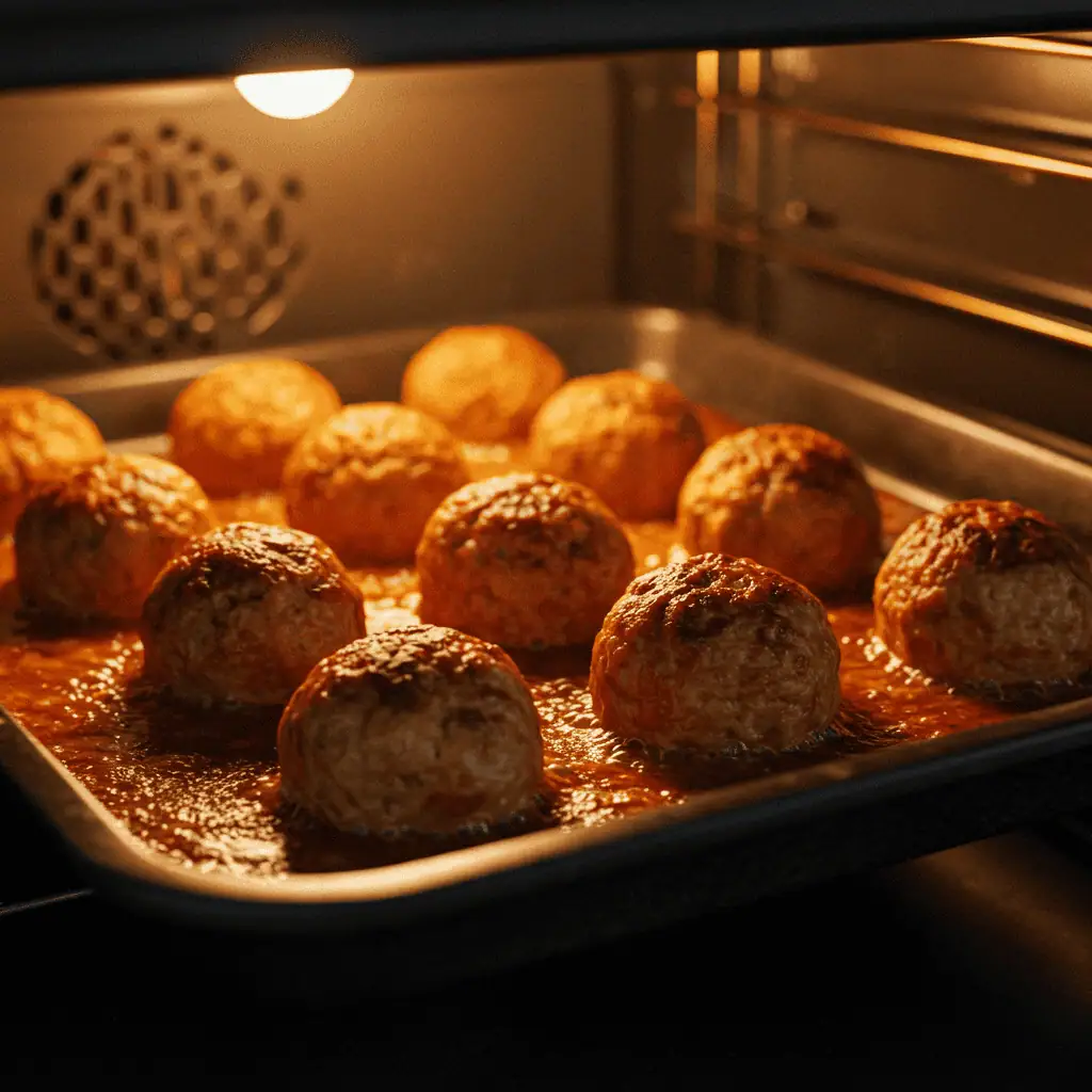 Costco Chicken Meatballs 4 Costco Chicken Meatballs baking in the oven with bubbling sauce