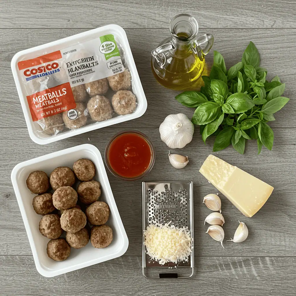 Costco Chicken Meatballs 2 Flat lay of ingredients including Costco Chicken Meatballs, marinara sauce, basil, and garlic