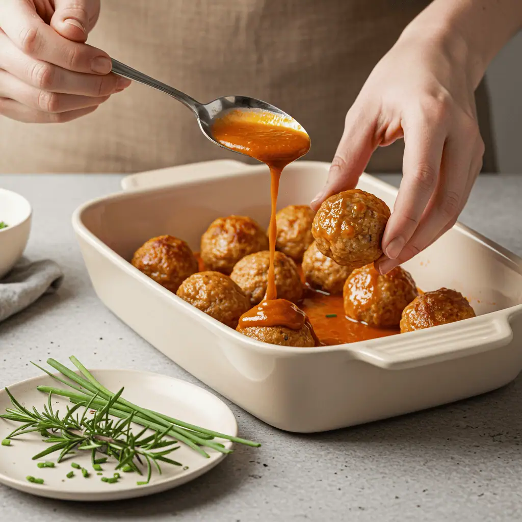 Costco Chicken Meatballs 3 Preparing Costco Chicken Meatballs by placing them in a baking dish with sauce and herbs