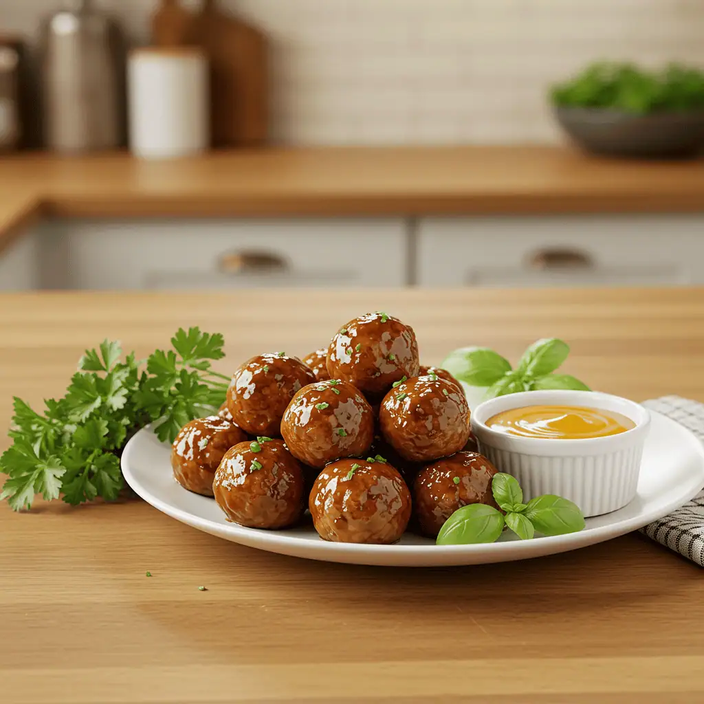 Costco Chicken Meatballs 10 Costco Chicken Meatballs served with fresh herbs and dipping sauce on a kitchen counter