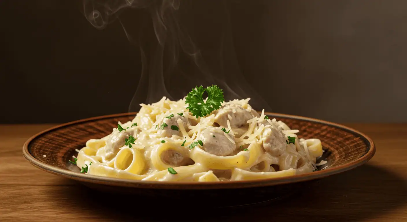 Creamy halal chicken Alfredo pasta with Parmesan and parsley, side view