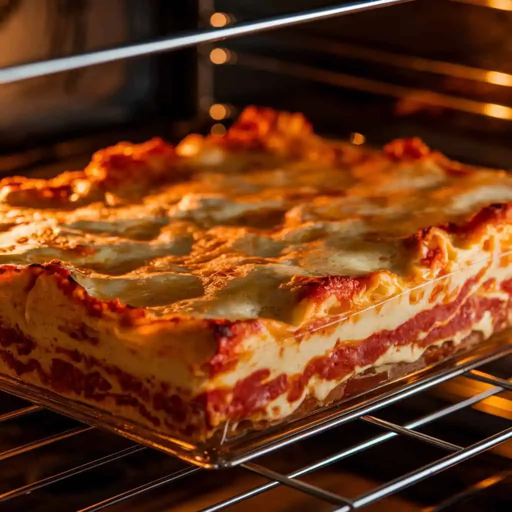 Lasagna al forno bubbling inside oven with golden brown cheese